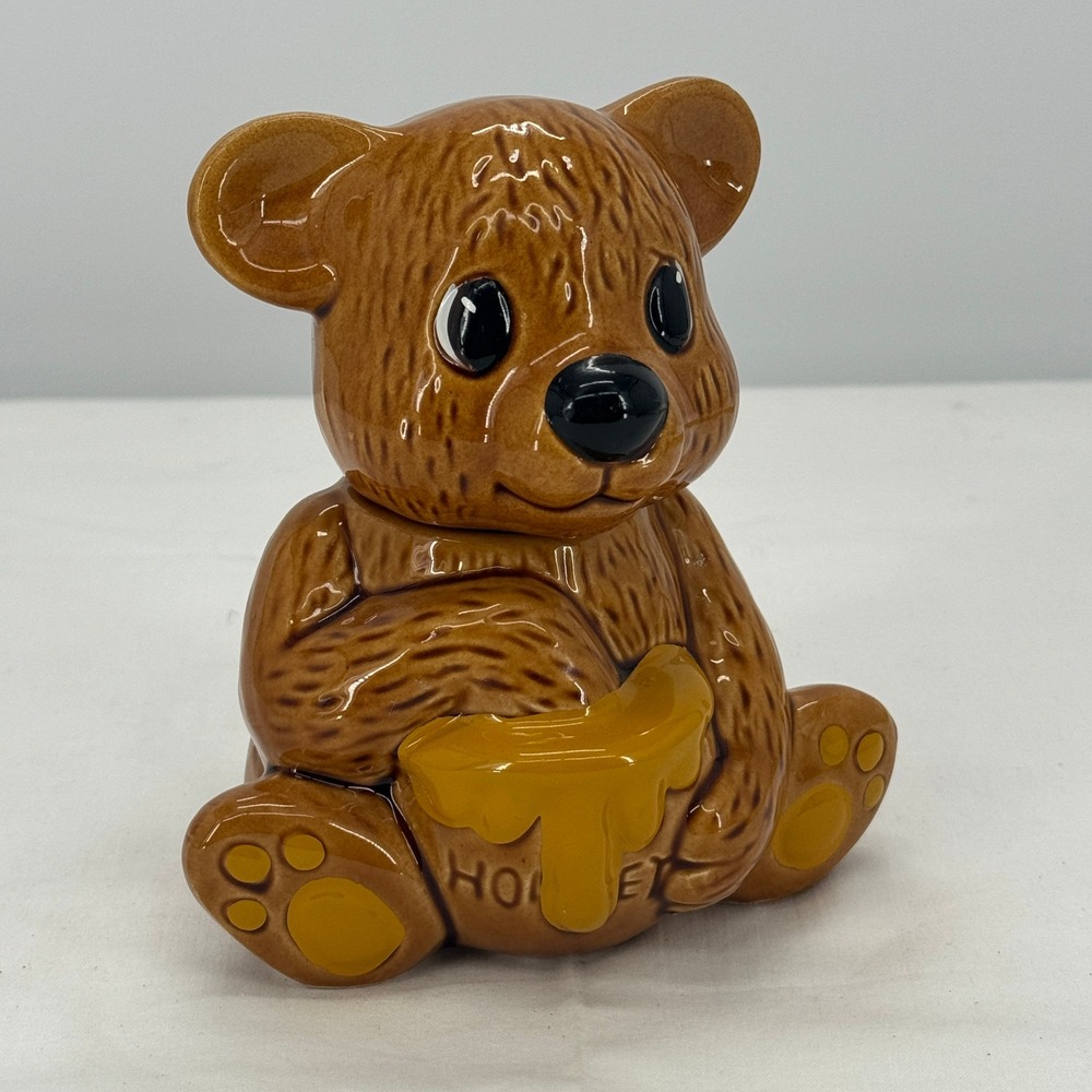 Vintage Ceramic Honey Bear Jar Brown Glossy Figural Sugar Bowl Taiwan ROC 5 inch